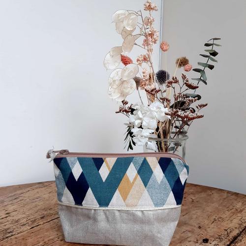 Trousse de maquillage rayures bleues et moutarde